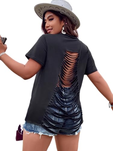 WDIRARA Women's Plus Size Punk Criss Cross Ripped Open Back T